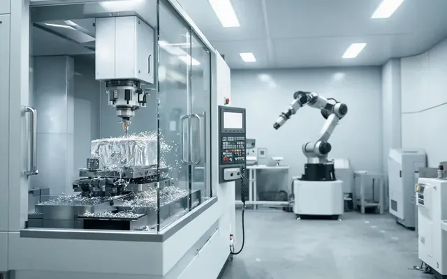 Centre d'usinage CNC usinant une pièce de précision avec un bras robotisé d'automatisation en arrière-plan