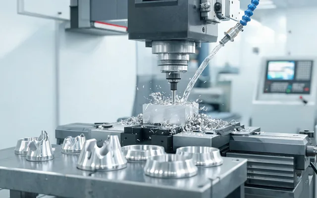 Centre d'usinage CNC fraisant une pièce en aluminium avec copeaux fins dans un atelier suisse