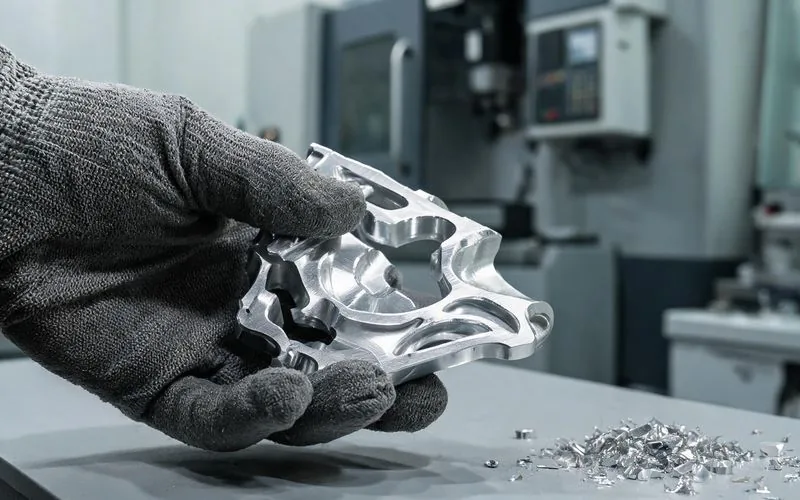 Pièce unique en aluminium usinée tenue dans la main gantée d'un mécanicien devant un centre d'usinage CNC suisse