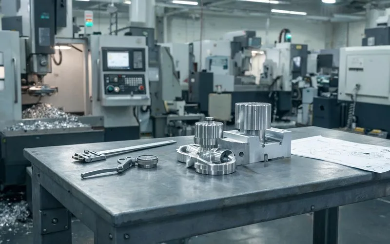 Pièces mécaniques usinées de précision posées sur un établi avec instruments de mesure, atelier d'usinage CNC suisse