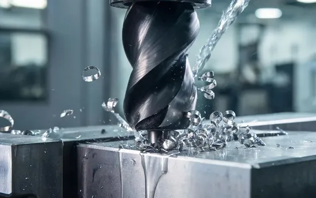 Fraise CNC usinant une pièce métallique à grande vitesse, copeaux fins et lubrifiant, dans un atelier d'usinage en Suisse romande