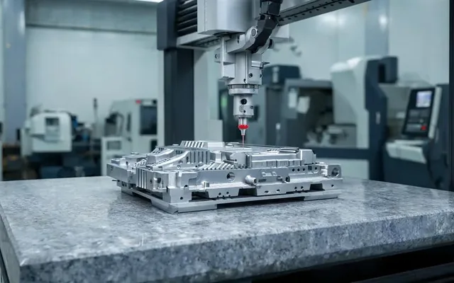 Contrôle qualité en usinage CNC : machine de mesure tridimensionnelle sondant une pièce de précision