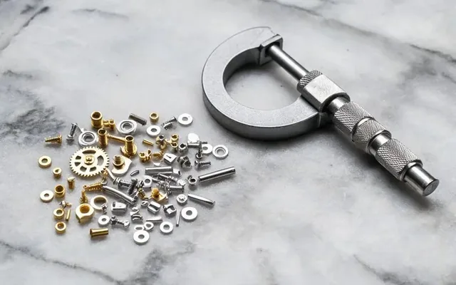 Pièces de micromécanique de précision en laiton et acier inoxydable usinées en CNC sur un marbre d'atelier