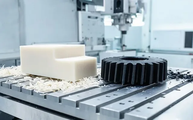 Usinage CNC de plastiques techniques : engrenage Delrin et bloc PEEK blanc sur la table d'un centre d'usinage